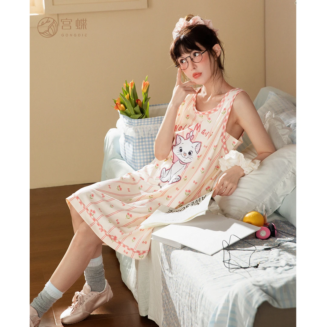 宫蝶【凉感型】迪士尼玛丽猫夏季睡衣女纯棉无袖睡裙家居服带胸垫