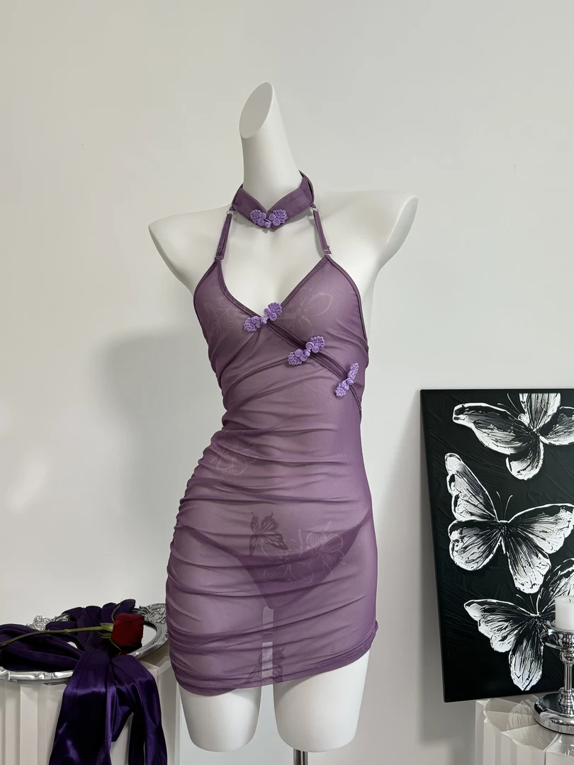 爱意时光【蝶恋花】国风盘扣旗袍透视紫色包臀裙