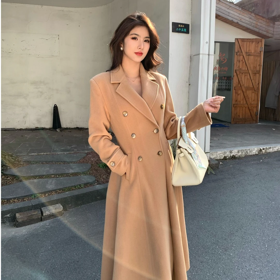 【法式浪漫】法式复古英伦大衣秋冬长款韩系收腰羊毛外套女-zz003