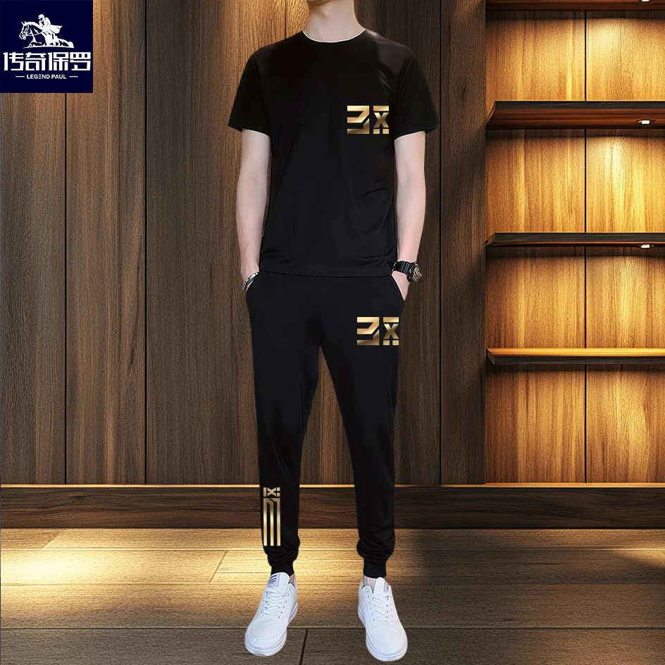 2025新款夏季男士短袖套装休闲运动透气薄款宽松短裤长裤潮流帅气