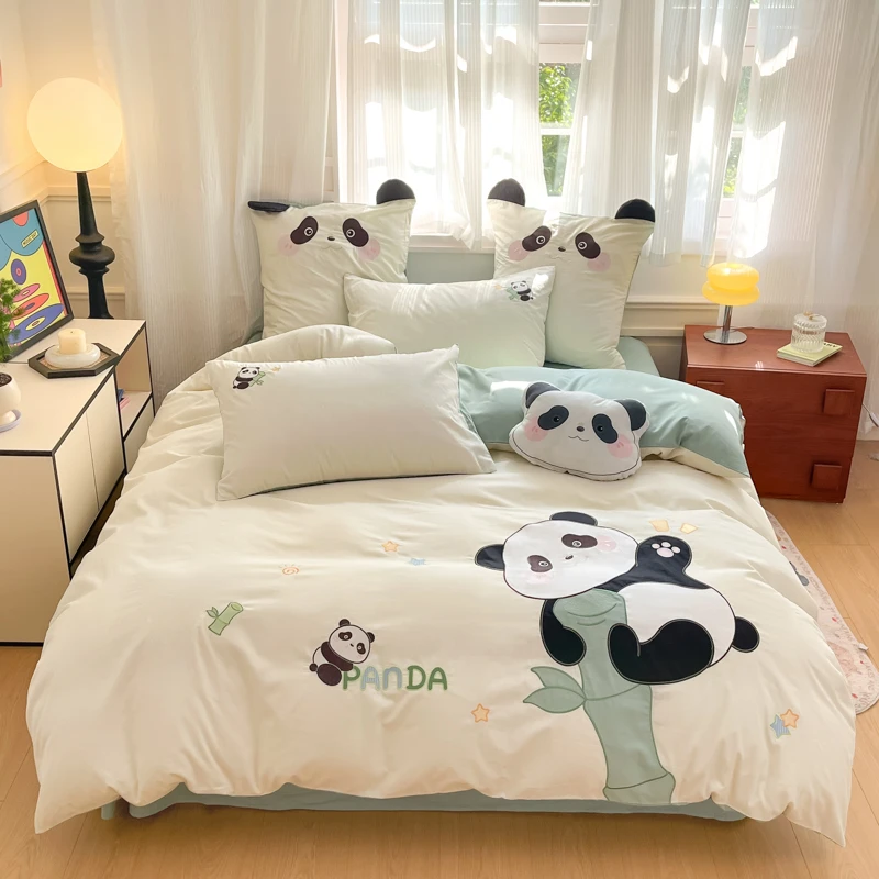 2025春夏新款高端卡通全棉大版贴布绣三件套四件套可爱学生绣花