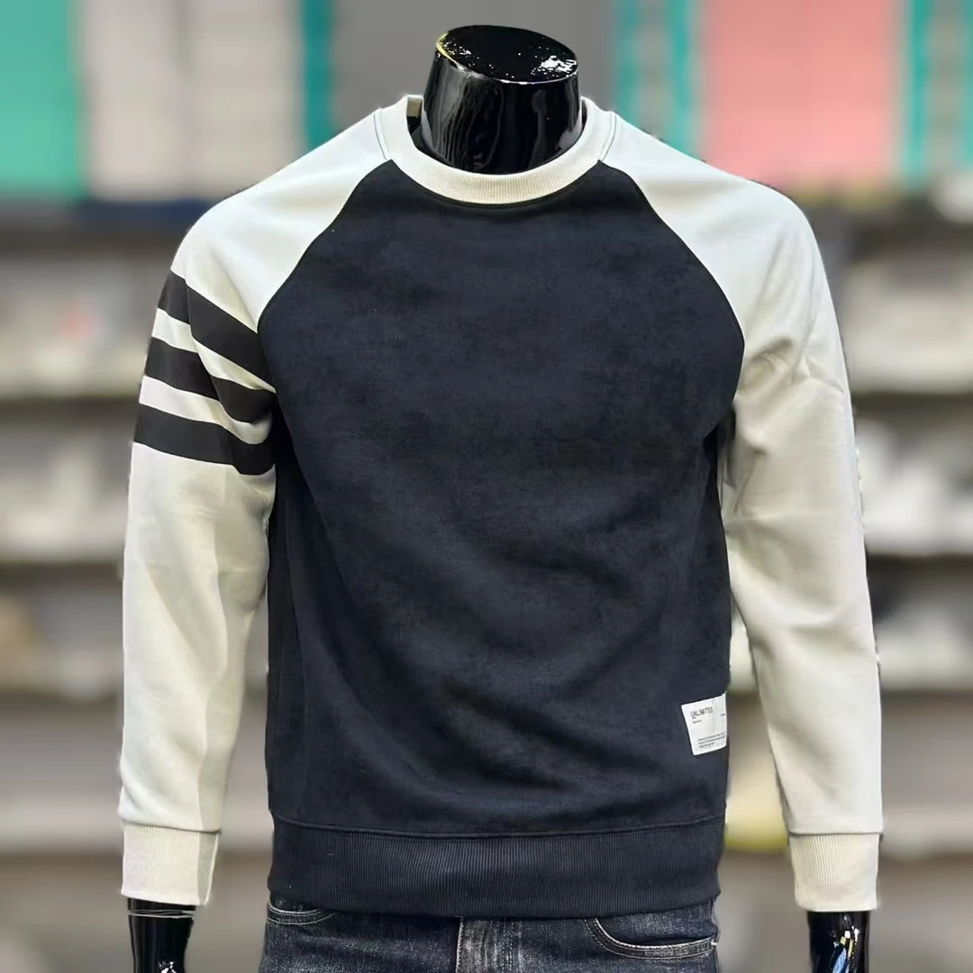 袖子三条杠卫衣男秋冬款新款修身圆领男港风时尚小板型拼接长袖男