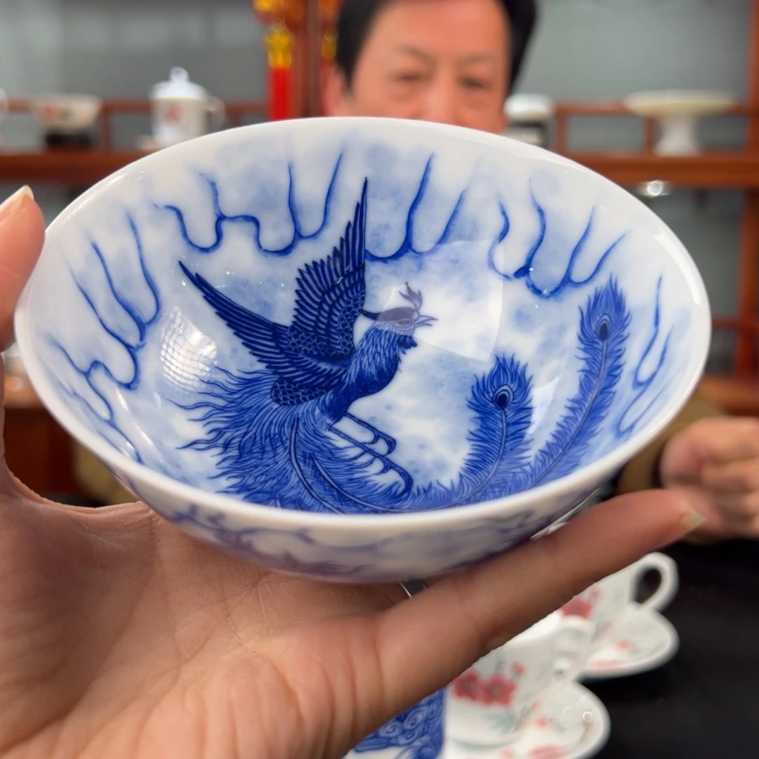 柴窑青花龙凤观赏碗
