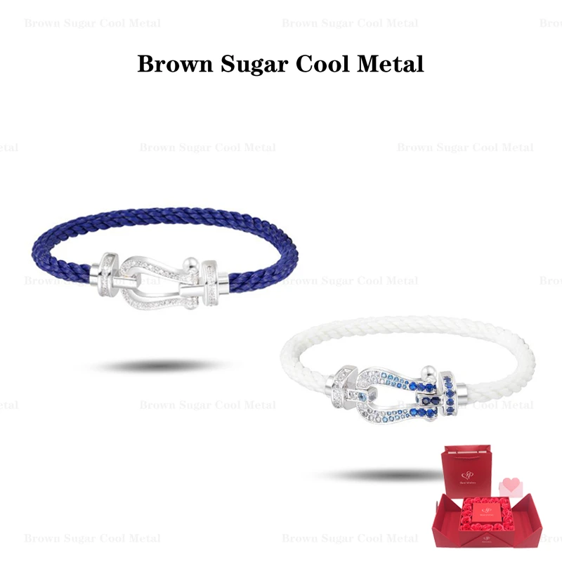 非金属合成锆石手链 渐变蓝镶钻马蹄扣手链小众设计情侣编织手绳