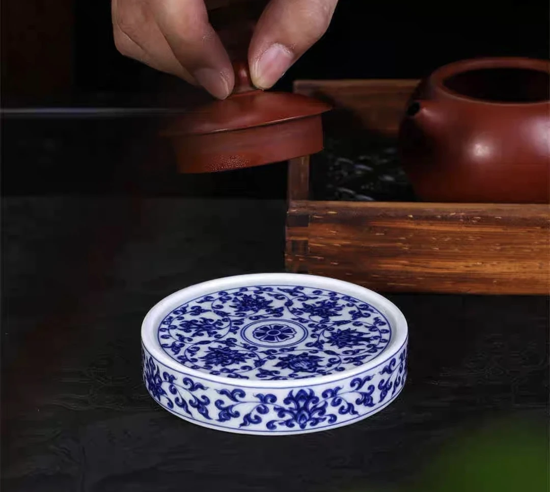景德镇青花瓷缠枝莲手工实心杯垫盖置