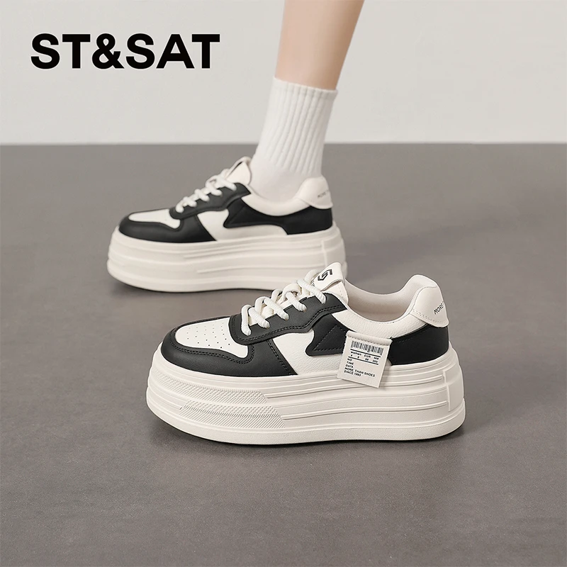 星期六时尚黑白女鞋2025春季新款百搭小白鞋厚底显脚小松糕板鞋子