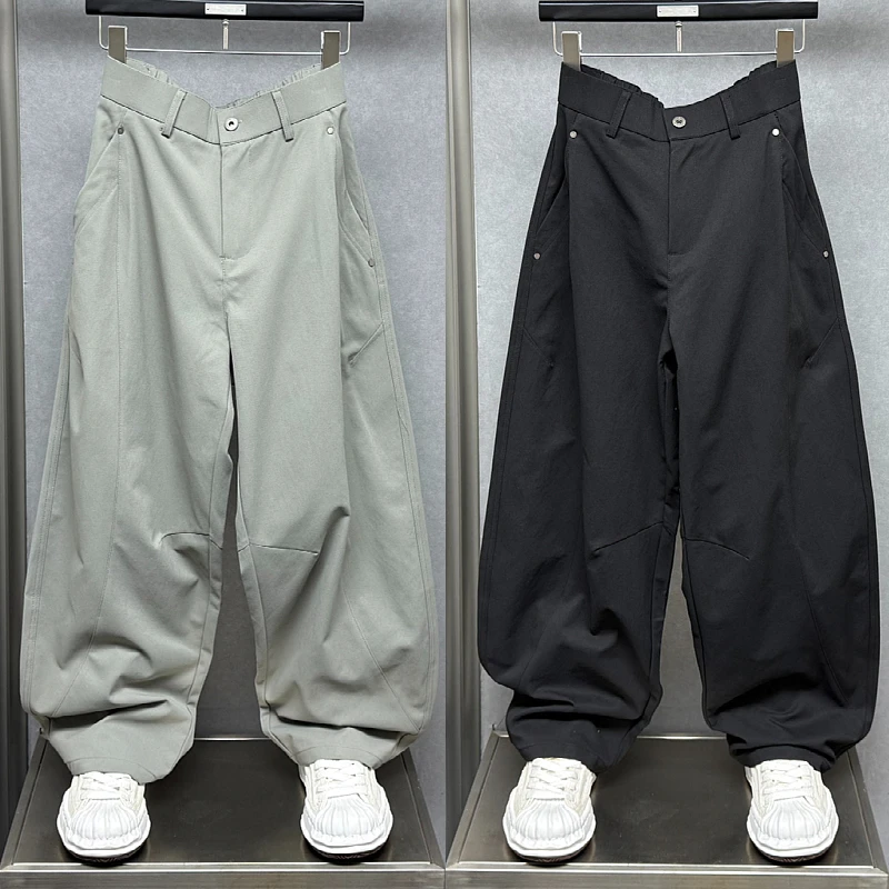 秋季新款美式复古拼接休闲裤垂感大码弯刀裤高街直筒宽松阔腿长裤