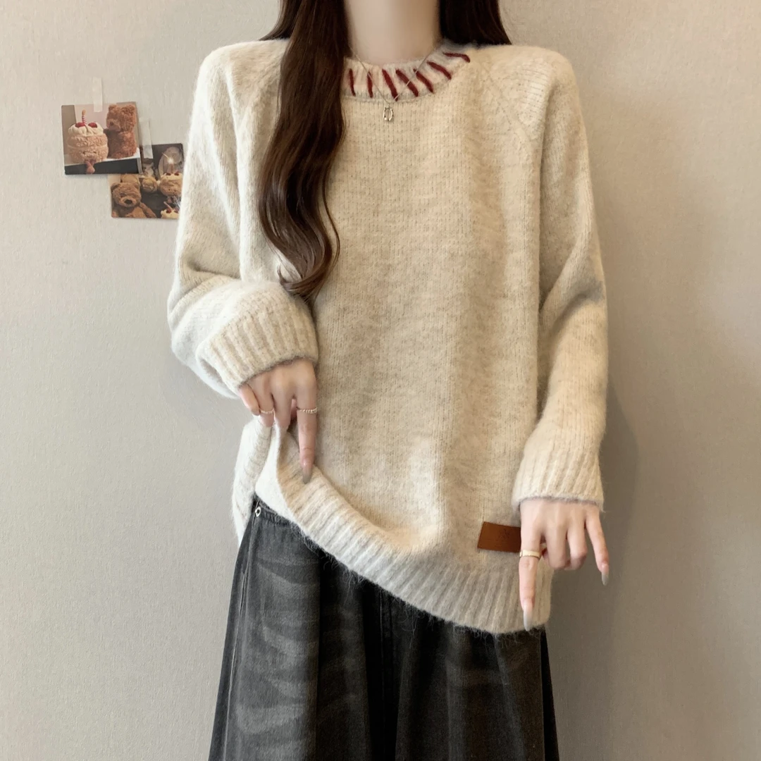 大码胖mm秋冬季新款韩系撞色慵懒风软糯百搭打底毛衣内搭针织上衣