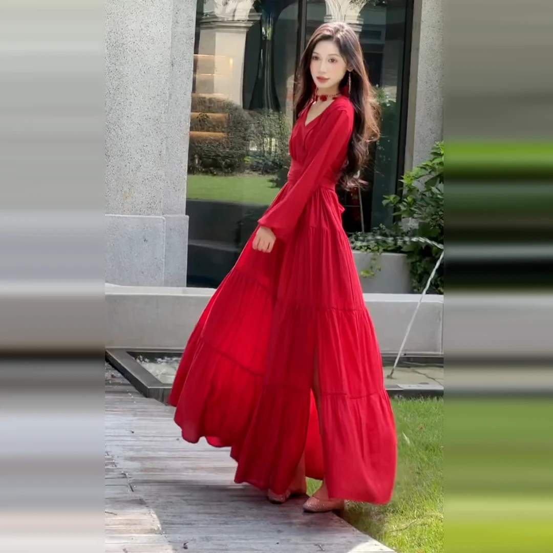 法式气质v领开叉收腰连衣裙子女早秋季巨好看的气质掐腰长袖长裙