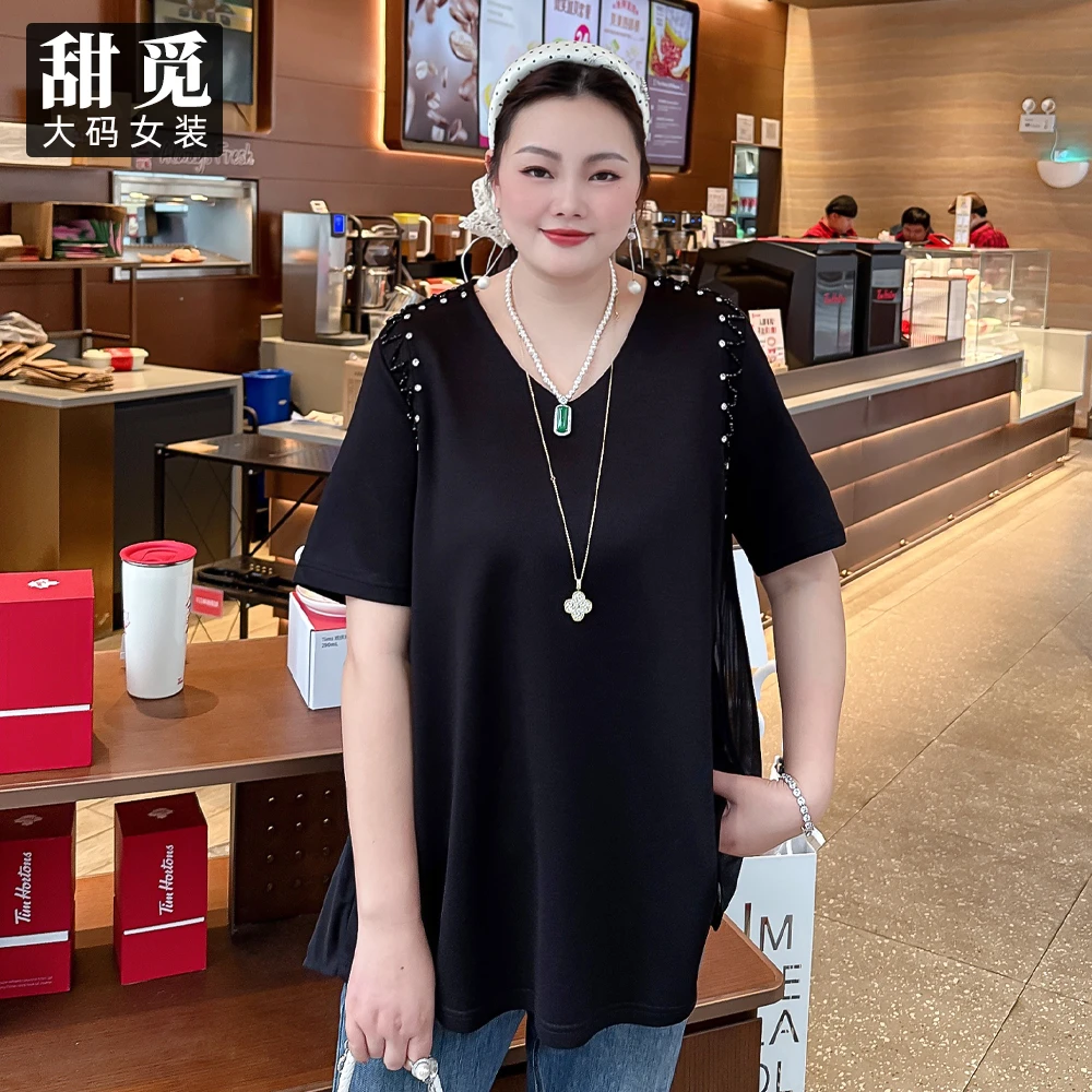 甜觅特大码女装2025夏装胖mm300斤钉珠钉钻压褶中长款V领雪纺衫