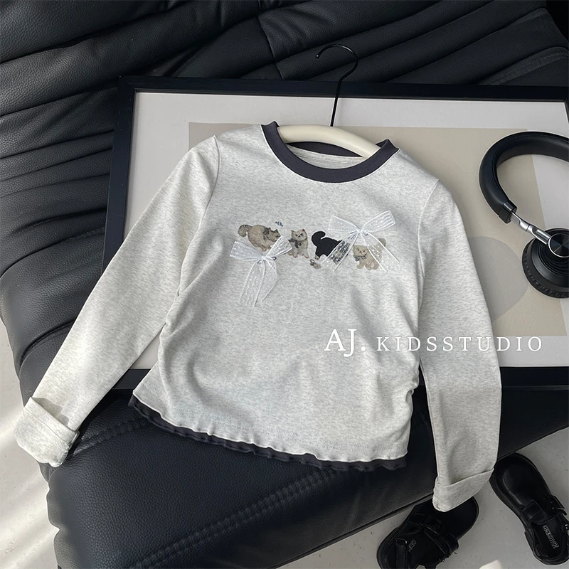 【猫咪甜心】阿卷秋季儿童猫咪立体蕾丝蝴蝶结木耳边长袖T恤MPG6742