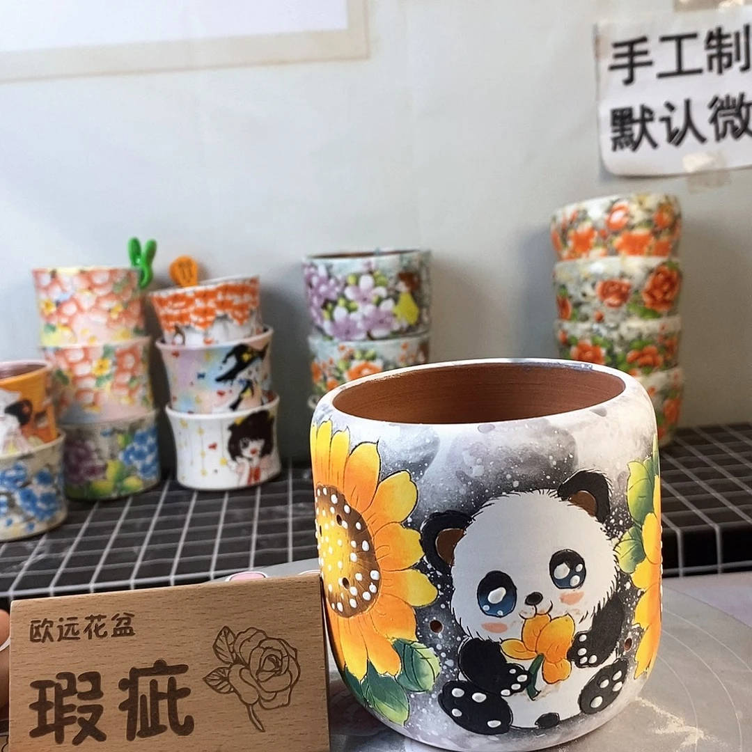 紫砂花盆红陶手绘花盆