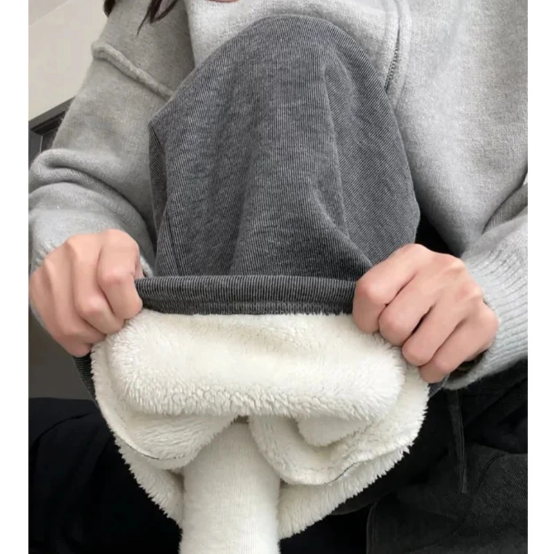 羊羔绒女裤加绒加厚女秋冬季直筒垂感小个子白色裤针织糯米阔腿裤