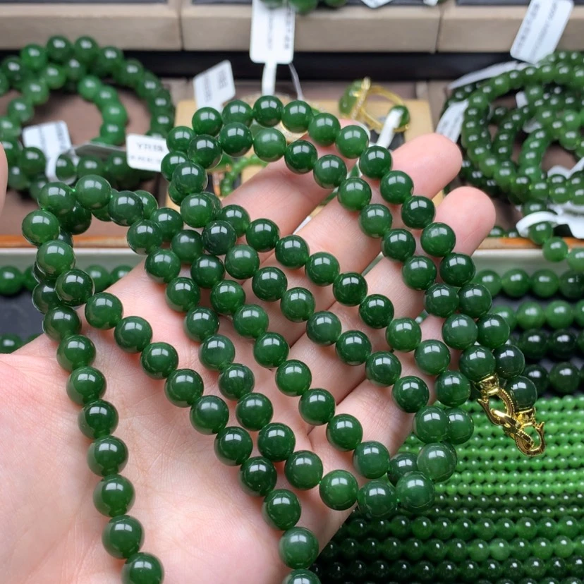 【闪购商品】颈饰未镶嵌和田玉（碧玉）8m菠菜绿毛衣链无黑点108珠