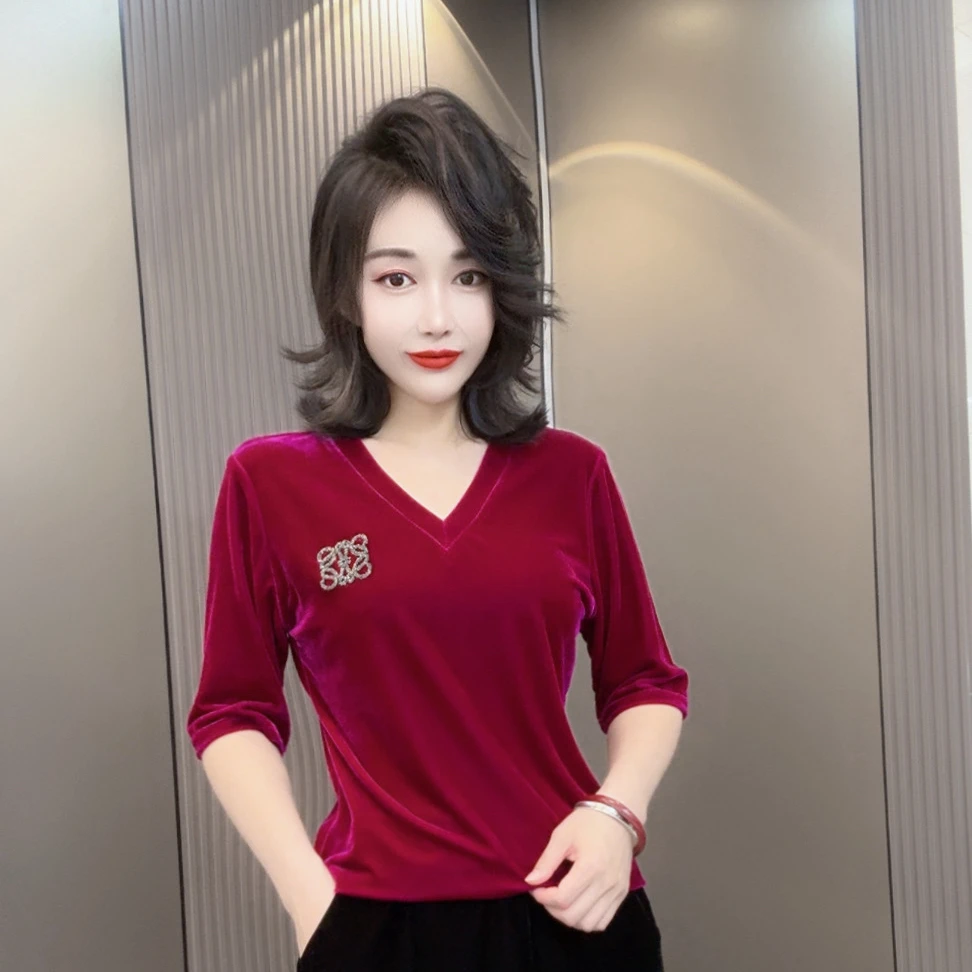 夏季时尚v领方钻百搭净版弹力绒五分袖衫【204】洋气上衣小衫红色