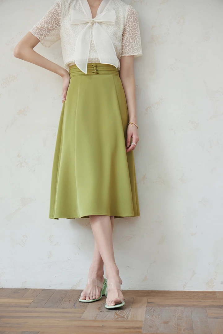 复古高腰盘扣纯色中长款半身裙5168