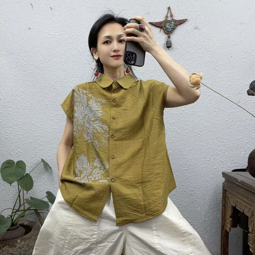 30332丝麻半面印花衬衫领上衣前后两穿（长55-63胸围114