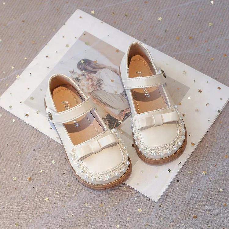 2025新款儿童小皮鞋蕾丝珍珠洛丽塔方口鞋女童公主鞋软底宝宝单鞋