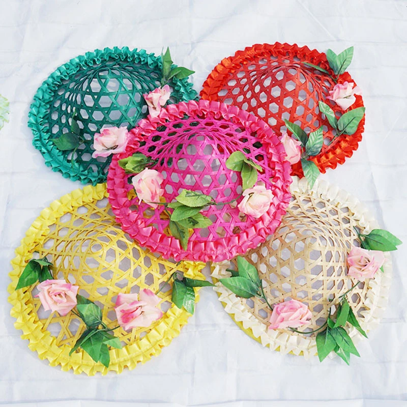 竹编斗笠帽儿童跳舞道具幼儿舞台表演彩色镂空花朵成人广场舞帽子