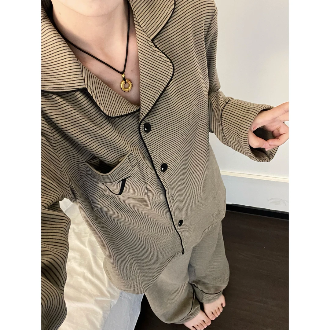 甜美简约撞色条纹德绒睡衣女秋冬季加绒加厚保暖家居服套装可外穿