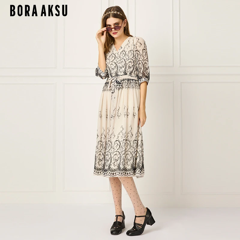 BORAAKSU2025夏季新款复古印花V领泡泡袖碎花连衣裙B1FCW64400
