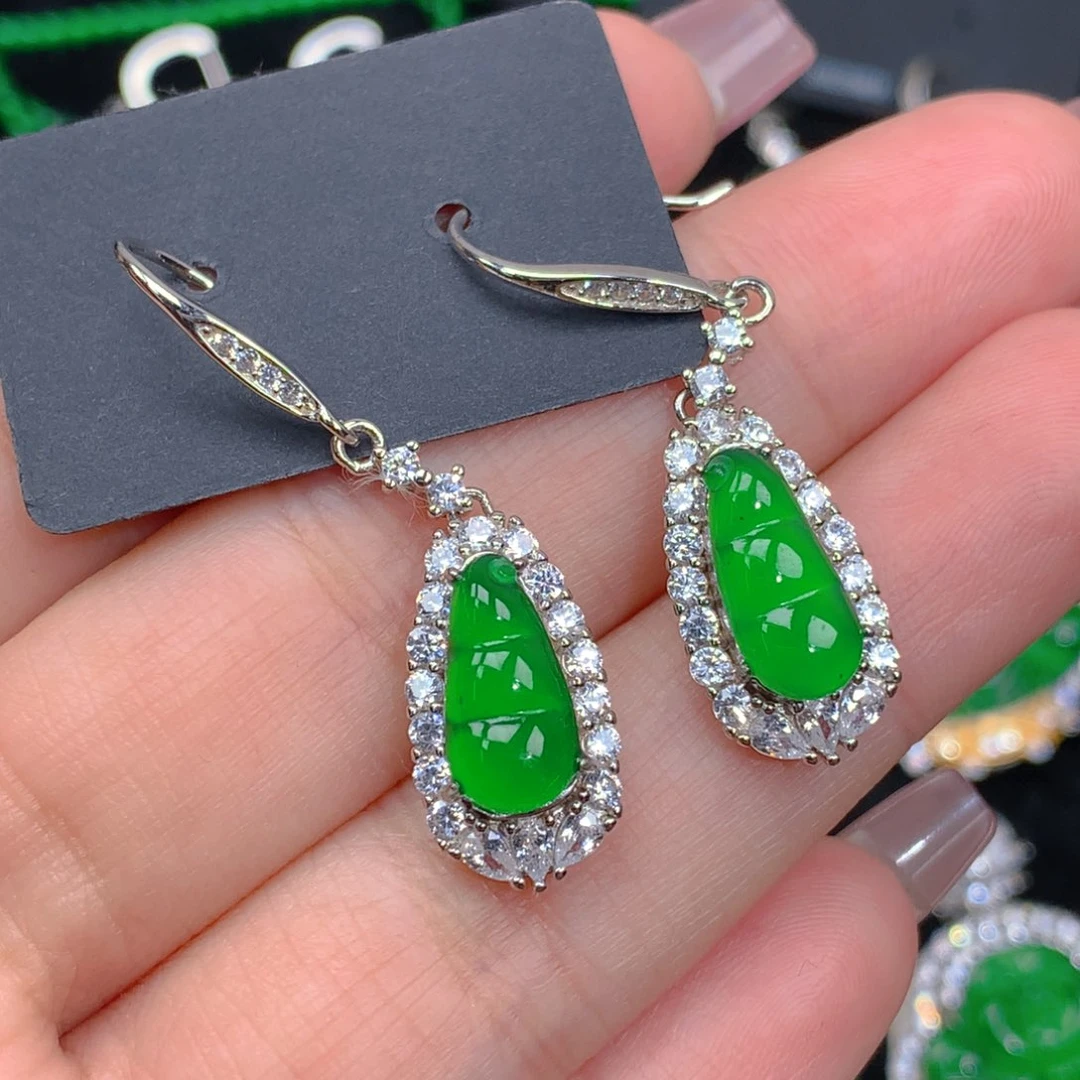 翡翠耳坠银S925镶嵌翡翠