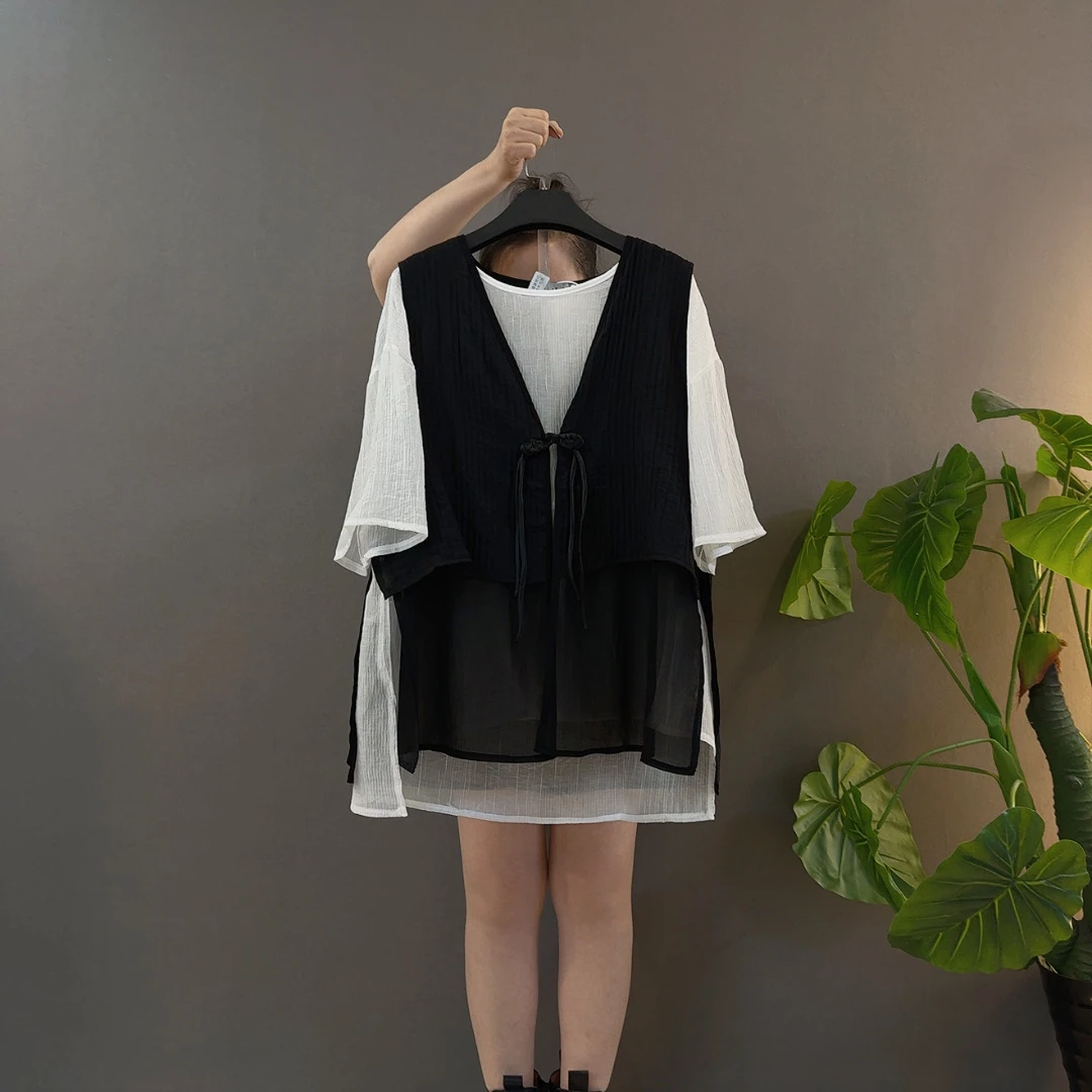 宽松型短袖常规腰围V领大码西装国风通用码白色系立体裁剪两件套