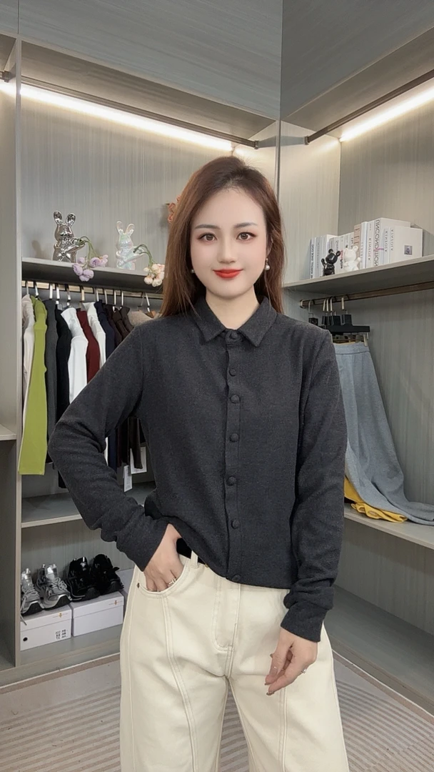 2025年 秋冬款衬衫领设计感时尚百搭长袖显瘦上衣款女 5059