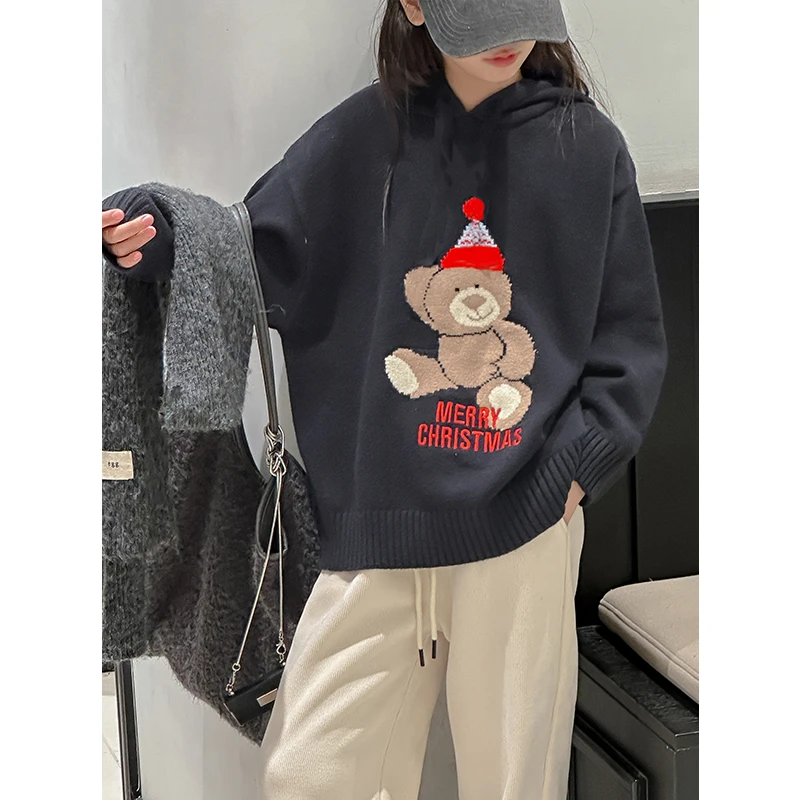 K27523女童毛衣秋冬装儿童连帽上衣女大童洋气针织打底衫圣诞装