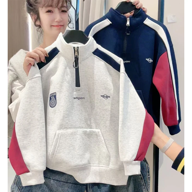 潮流美式半拉链翻领加绒立体卫衣长袖加绒秋冬中大童休闲撞色上衣
