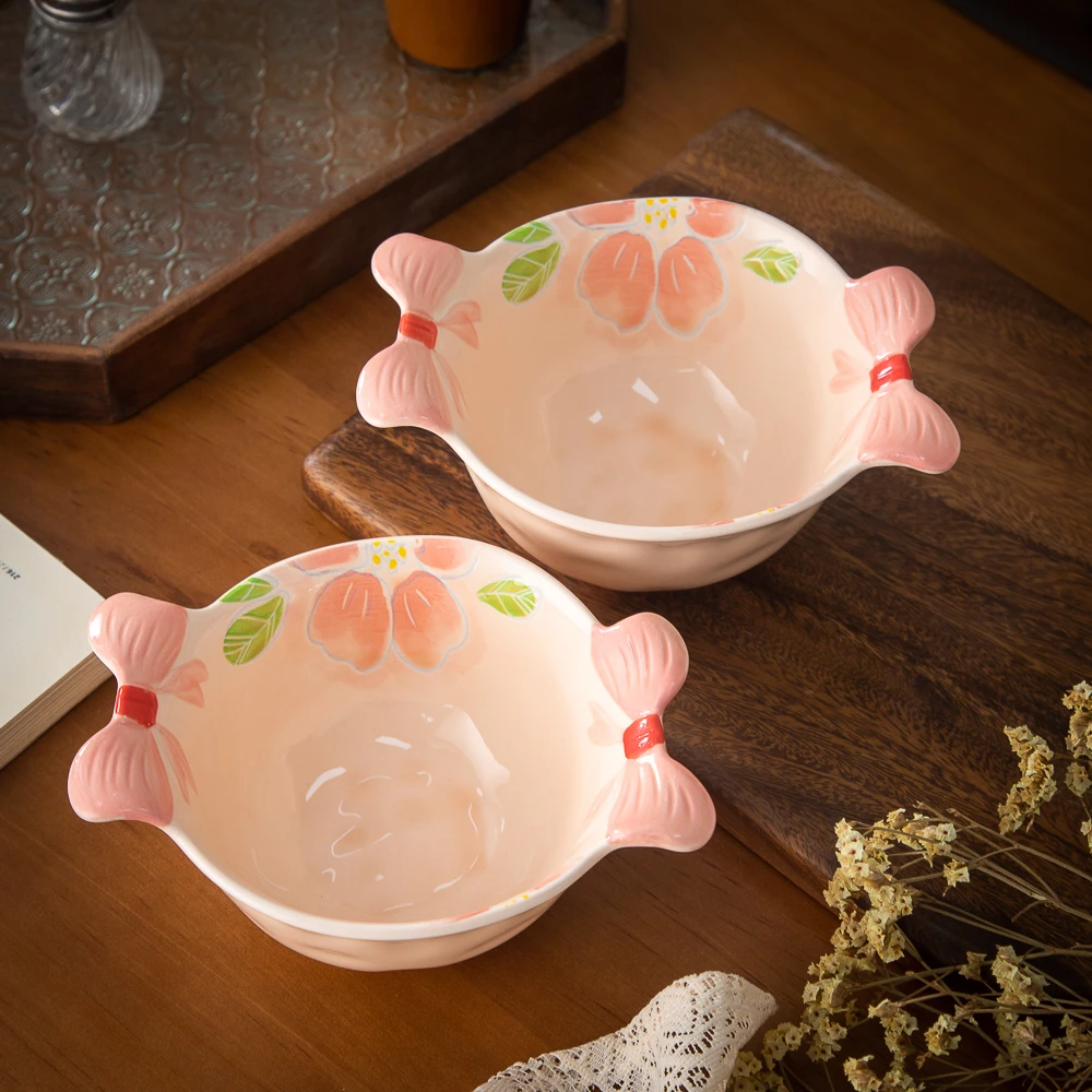 家用陶瓷餐具美二烧釉下彩花影系列6.8英寸蝴蝶结双耳碗(2个装)