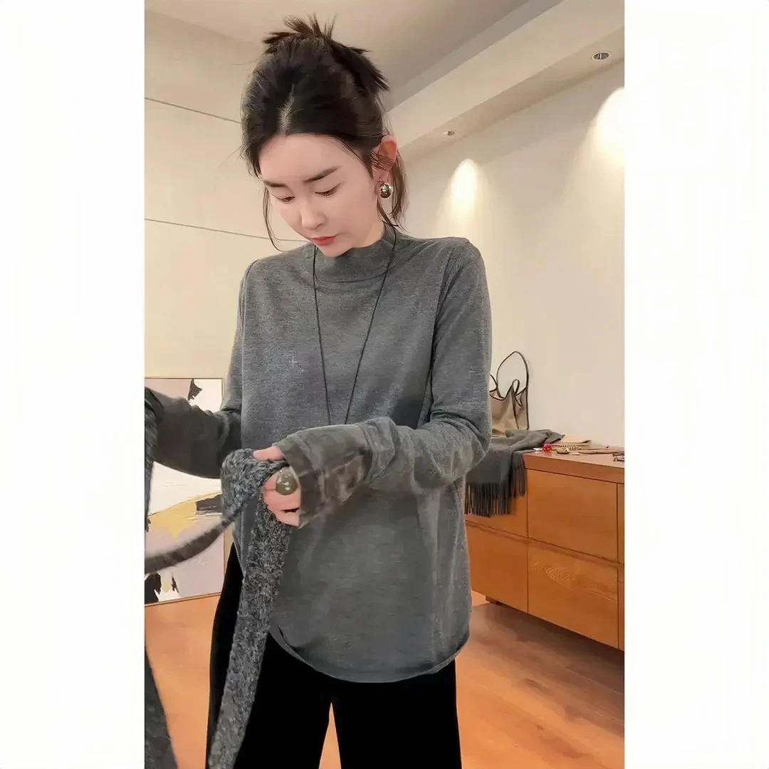 秋冬半高领磨毛莫代尔保暖长袖打底衫女百搭立体丝绒袖口拼接上衣