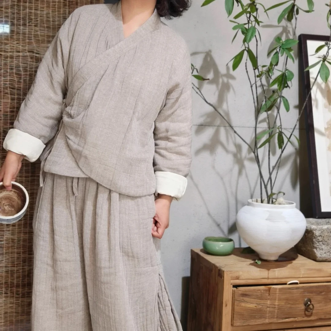 设计师做旧款 定制褶皱100亚麻 斜襟汉服套装