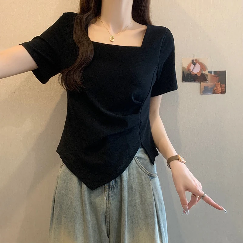 大码遮肚子设计感正肩方领打底衫女夏胖mm显瘦褶皱不规则短袖上衣