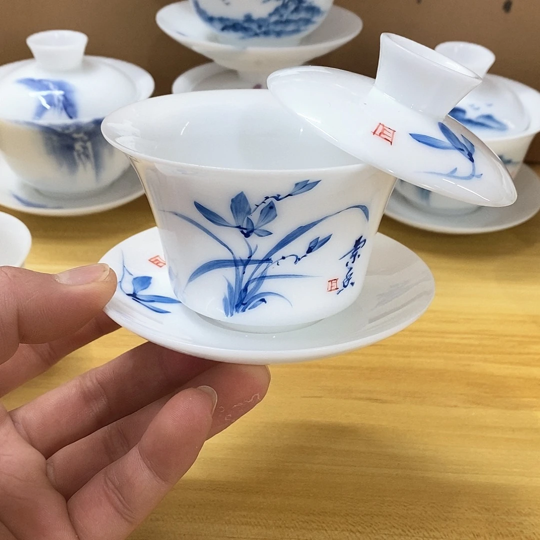 冰种玉瓷手绘盖碗（瑕）150
