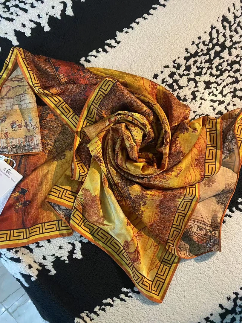 【K姐私家定制】618福利场-薄款桃花清明上河图丝巾气质国风款