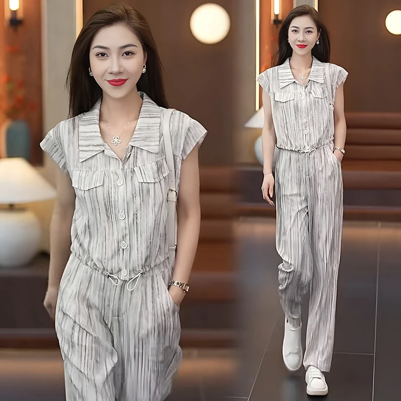 时尚套装女夏季2025新款洋气显瘦薄款无袖衬衫垂感阔腿裤两件套潮
