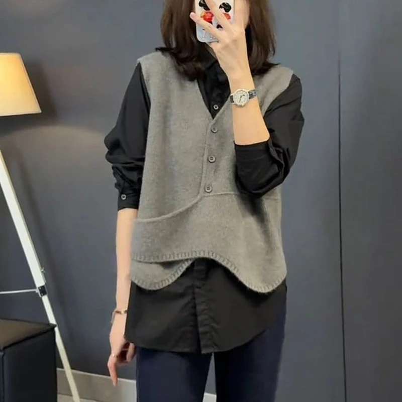 通勤时尚套装女2025春季新款洋气百搭黑色衬衫上衣针织马甲两件套