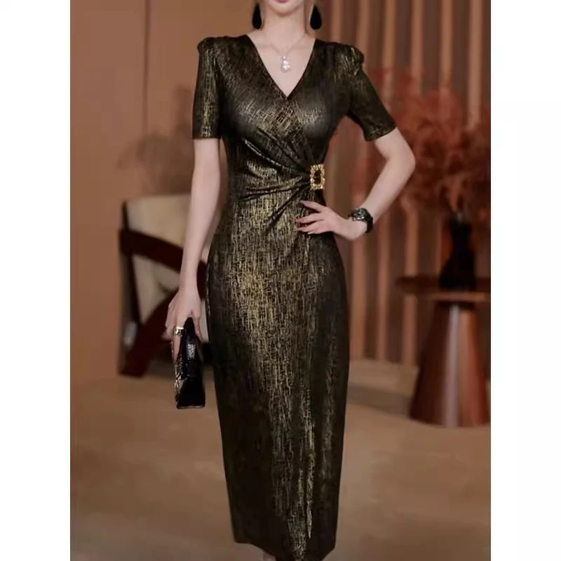 法式轻奢小香风V领连衣裙女2025夏季新款带弹力收腰显瘦短袖长裙