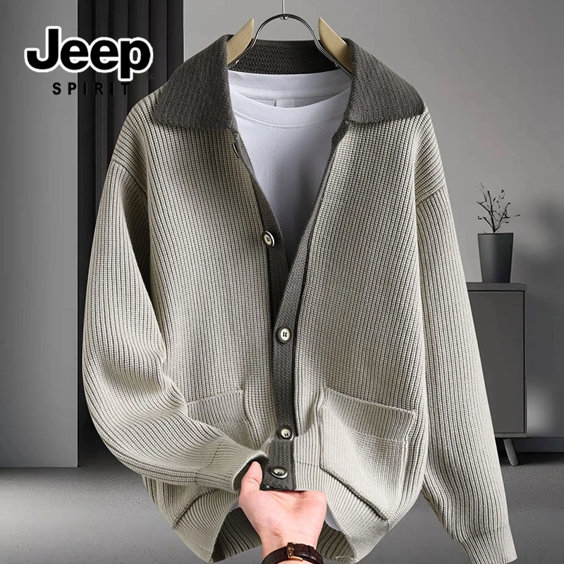 JEEPSPIRIT吉普翻领假两件针织毛衣秋季宽松高级感男士开衫上衣服