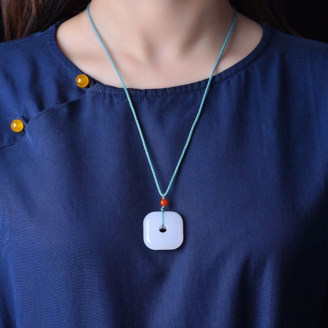 天然新疆金丝玉平安扣白色时尚百搭情侣男女款方形平安扣粉丝福利