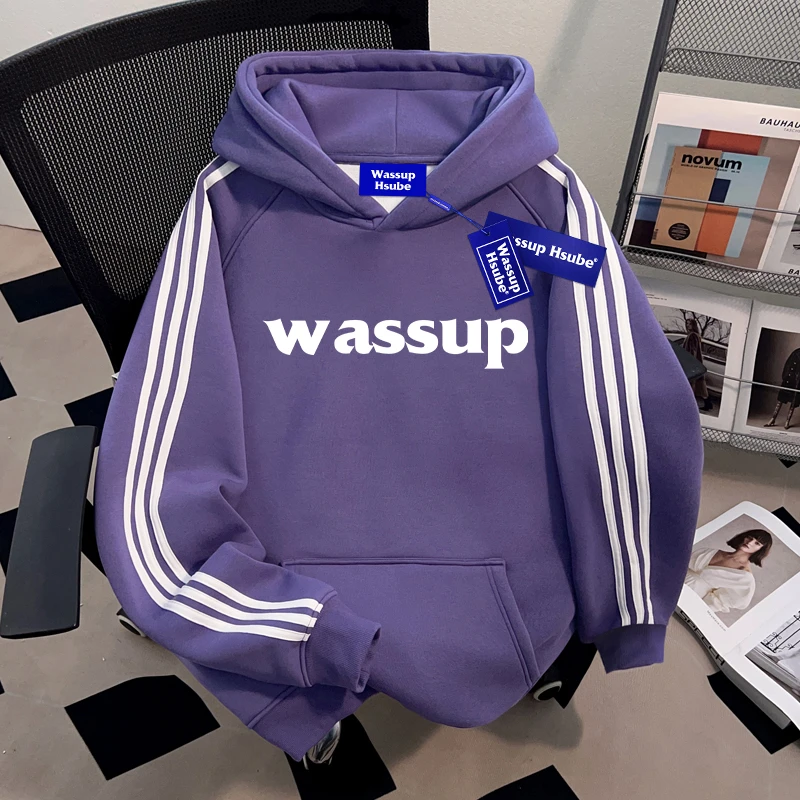 WASSUP HSUBE美式潮流三条杠套头连帽卫衣男女同款宽松休闲上衣潮