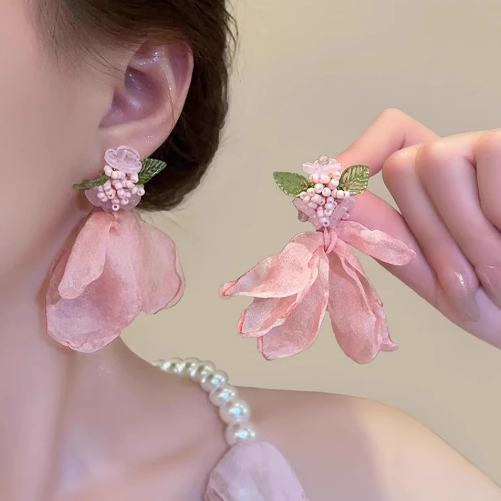 非金属布艺耳饰 森系粉色花瓣耳环女温柔甜美耳钉氛围感气质耳饰
