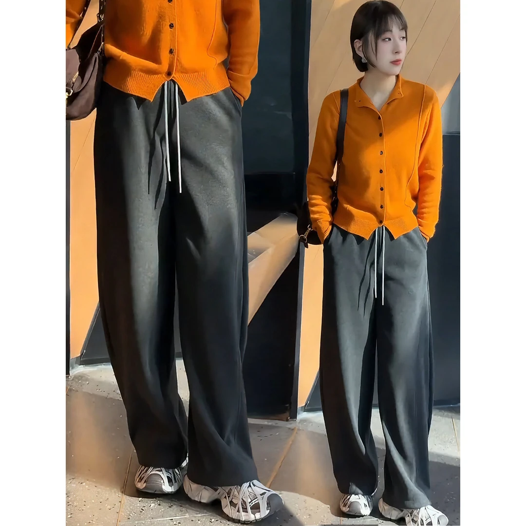 加绒加厚毛呢弯刀阔腿裤女2025秋冬季新款休闲爆款灰色香蕉卫裤子