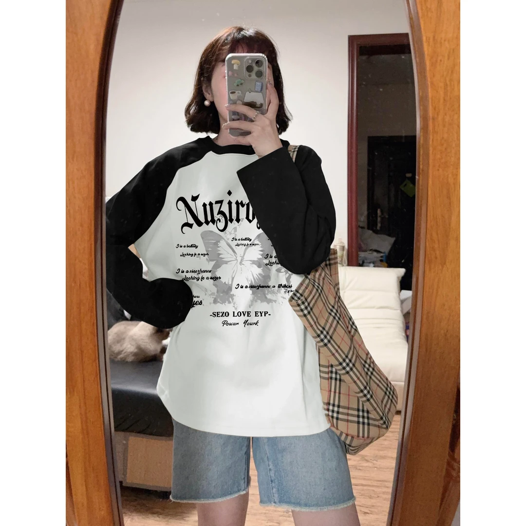 2025今年流行爆款新款插肩长袖t恤女美式复古蝴蝶纯棉撞色上衣ins