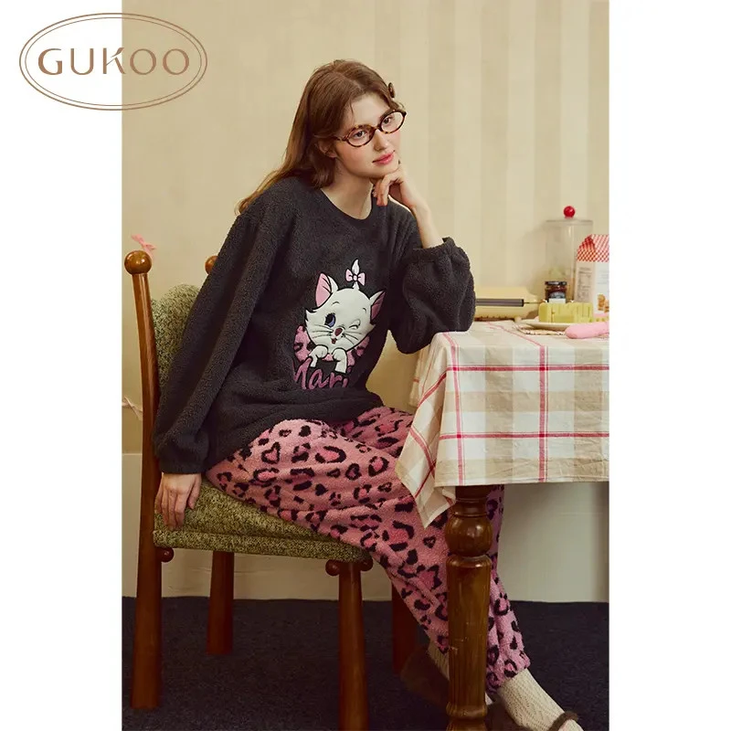 【Gukoo果壳】玛丽猫豹纹套装冬季加绒卡通甜酷黑粉家居服套装宽松