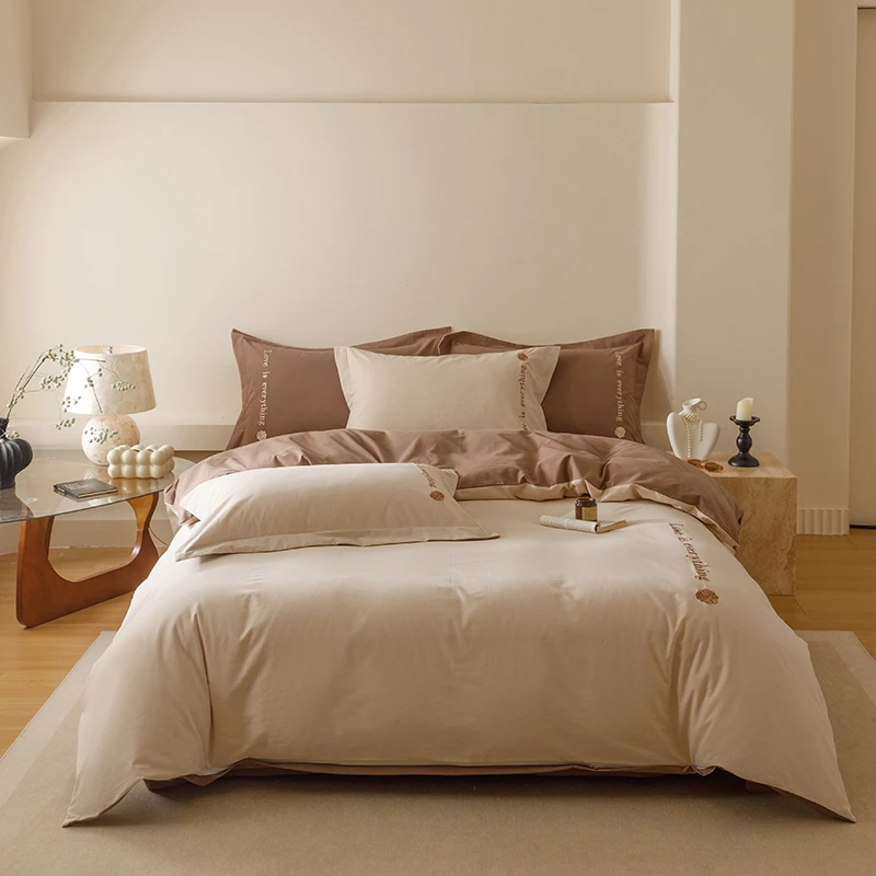 富安娜新疆长绒棉磨毛加厚纯棉四件套全棉刺绣床单被套床上用品