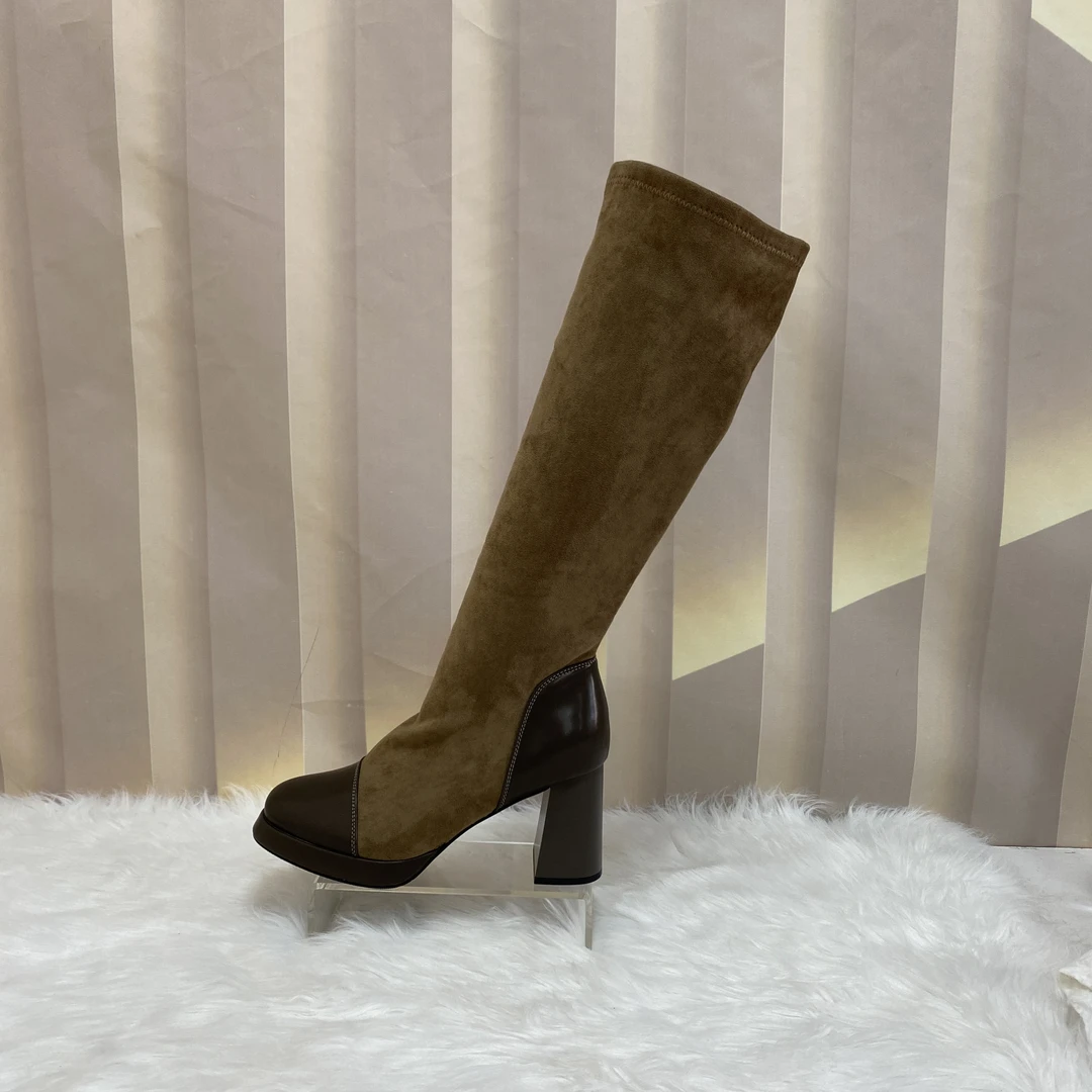 5575秋冬时尚气质显瘦方头粗跟防水台拼接长筒靴F