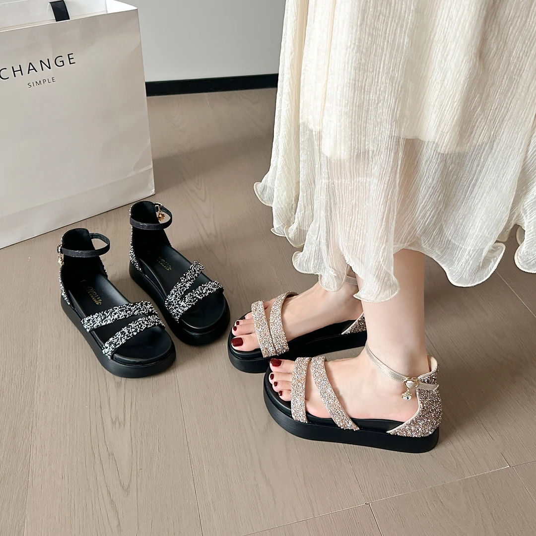 水钻罗马凉鞋黑色厚底增高凉鞋外穿一字扣欧若假日风
