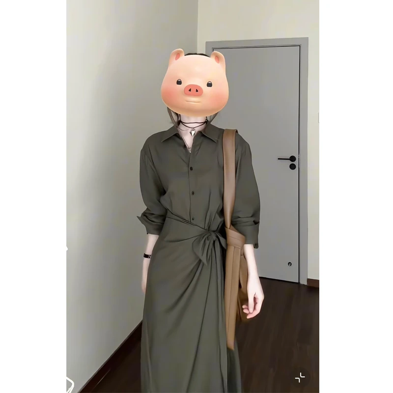 大码【解构主义】春季设计感不对称高腰绑带长袖连衣裙气质韩系长裙